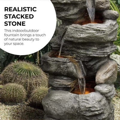 Teamson Home 39.37" Outdoor Faux Stone 4-Tier Water Fountain With LED, Gray - Image 4