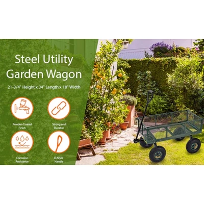 Juggernaut Carts GW3418-GR Heavy Duty Steel Frame 400 Pound Load Capacity Outdoor Utility Garden Wagon With Pneumatic Tires, Green Finish - Image 2
