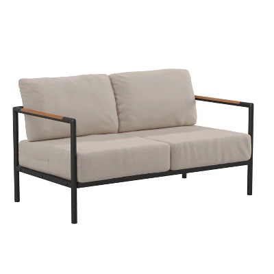 Emma And Oliver Aluminum Frame Loveseat With Teak Arm Accents And Plush Cushions - Image 11
