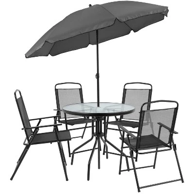 Flash Furniture Nantucket 6 Piece Patio Garden Set With Table, Umbrella And 4 Folding Chairs - Image 10