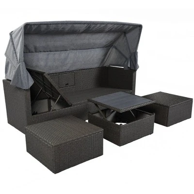 4pc Outdoor Wicker Rectangle Daybed With Canopy & Cushions - Gray - GODEER - Image 11