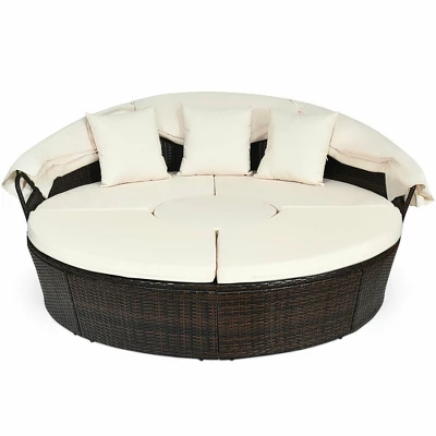 Costway Patio Rattan Daybed Cushioned Sofa Adjustable Table Top Canopy W/3 Pillows - Image 5