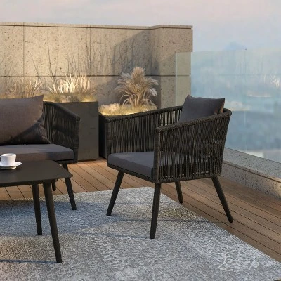 Flash Furniture Kierra Black All-Weather 4-Piece Woven Conversation Set With Gray Zippered Removable Cushions & Metal Coffee Table - Image 8
