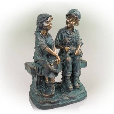16" Polyresin Girl And Boy With Dog Sitting On Bench Sculpture Bronze - Alpine Corporation - Image 3