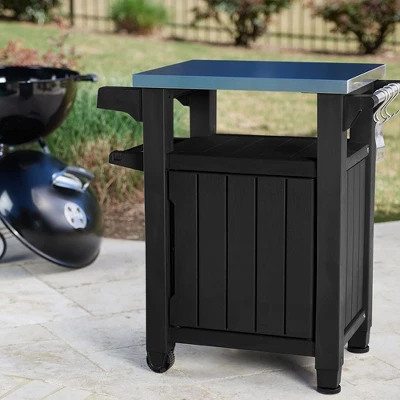 Keter Unity Portable 40 Gal Outdoor Table And Storage Cabinet W/ Accessory Hooks, Stainless Steel Top For Patio Kitchen Island Or Bar Cart - Image 2