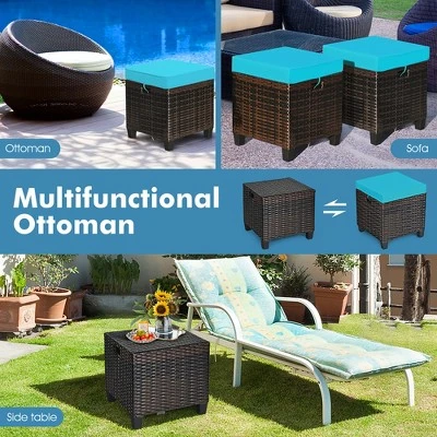 Costway 2PCS Patio Rattan Ottoman Cushioned Seat W/ Foot Rest Turquoise - Image 8