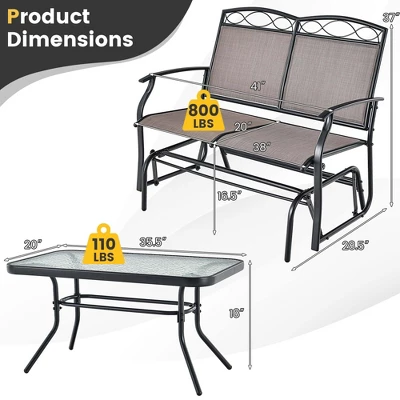 Costway 2pcs Patio Loveseat Glider Glass Coffee Table Set Heavy-Duty Swing Rocking Chair - Image 2