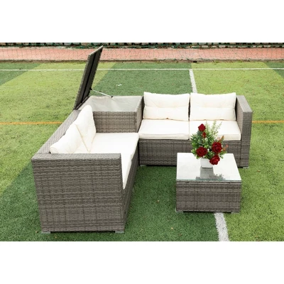 4pc Wicker Patio Sectional Seating Set With Cushions - Gray/Beige - GODEER - Image 4
