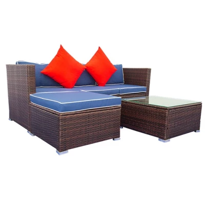 3pc Wicker Patio Sectional Seating Set With Cushions - Brown/Blue - GODEER - Image 5