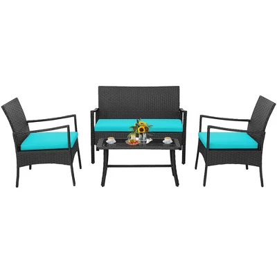 Costway 4PCS Patio Wicker Furniture Set Cushioned Chairs& Loveseat With Coffee Table Garden