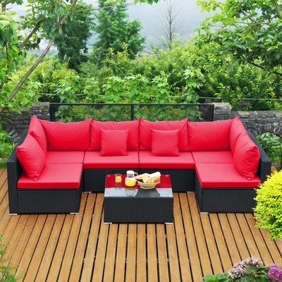 Costway 7PCS Patio Rattan Sofa Set Sectional Conversation Furniture Set Garden Beige NavyRedNavy Blue - Image 12