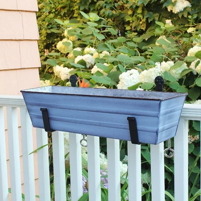 ACHLA Designs 22" Wide Rectangular Galvanized Steel Flower Box With Black Wrought Iron Clamp-On Brackets Nantucket Blue