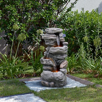 Teamson Home 39.37" Outdoor Faux Stone 4-Tier Water Fountain With LED, Gray - Image 7