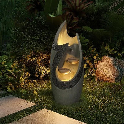 LuxenHome Stone-Gray Cement Modern Tiered Outdoor Garden Fountain With Lights - Image 2