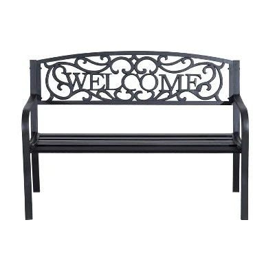 Outsunny 50" Outdoor Metal Welcome Bench, Powder Coated Cast Iron Sign & Steel Frame, 2 Person Bench With Antique Vine Motifs & Slatted Seat, Black - Image 3