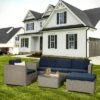 6pc Outdoor Rattan Wicker Set With Sectional, Chairs, Accent Table & Ottoman - Gray/Navy - GODEER