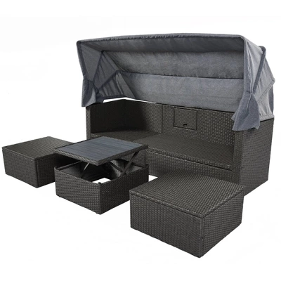4pc Outdoor Wicker Rectangle Daybed With Canopy & Cushions - Gray - GODEER - Image 5