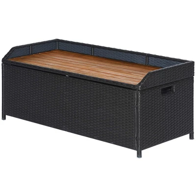 Outsunny Outdoor Storage Bench Wicker Deck Boxes With Wooden Seat, Gas Spring, Rattan Container Bin With Lip, Ideal For Storing Tools, Accessories And Toys - Image 3