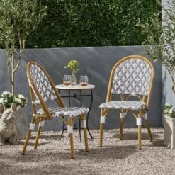 Louna 2pk Outdoor French Bistro Chairs With Bamboo Finish - Gray/White - Christopher Knight Home