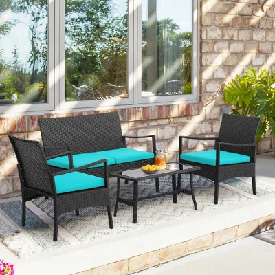 Costway 4PCS Patio Wicker Furniture Set Cushioned Chairs& Loveseat With Coffee Table Garden - Image 3