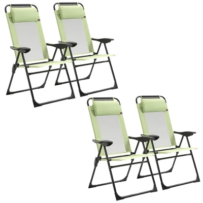 Outsunny Set Of 4 Folding Patio Chairs, Camping Chairs With Adjustable Sling Back, Removable Headrest, Armrest For Garden, Backyard, Lawn, Green - Image 3