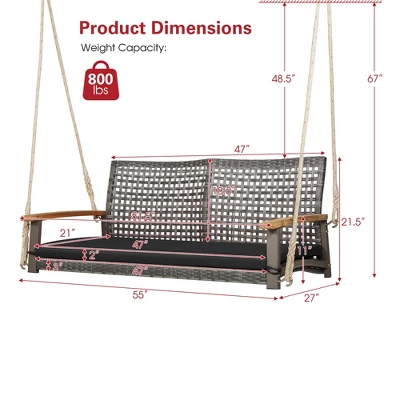 Tangkula Rattan Patio Porch Swing 2-Person Cushioned Swing Chair Bench - Image 8