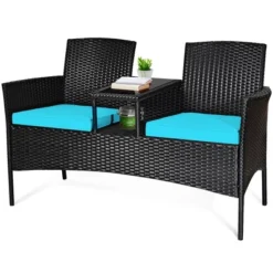 Costway Patio Rattan Conversation Set Seat Sofa Cushioned Loveseat Glass Table Chair RedTurquoise