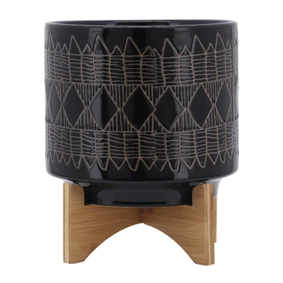 Sagebrook Home With Wooden Stand Aztec Ceramic Indoor Outdoor Planter Pot Black - Image 10