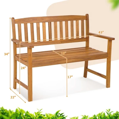 Costway Patio Acacia Wood Bench 2-Person Slatted Seat Backrest 800 Lbs Outdoor Natural - Image 2