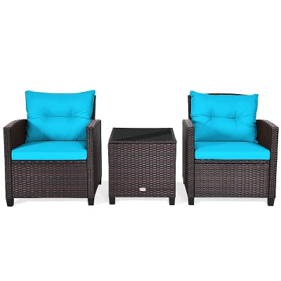 Tangkula 3PCS Wicker Cushioned Conversation Set Outdoor Rattan Furniture W/Beige/Red/Black/Navy/Off White/Turquoise Cushions - Image 9