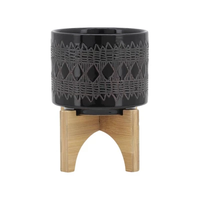 Sagebrook Home With Wooden Stand Aztec Ceramic Indoor Outdoor Planter Pot Black - Image 8