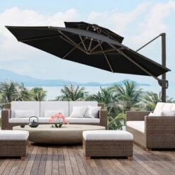 11.5' X 11.5' Double Top Round Aluminum Offset Umbrella Outdoor Hanging Cantilever Umbrella Black - Crestlive Products