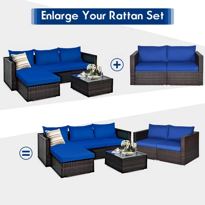 Costway 4PCS Patio Rattan Corner Sofa Sectional Furniture SetBlueBeigeNavy Cushion - Image 8