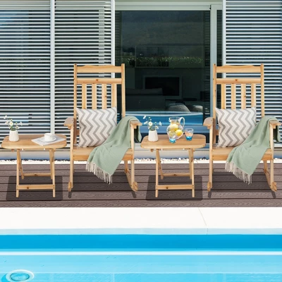 Costway 4PCS Patio Wooden Rocking Chair Bistro Set High Backrest With Folding Side Table - Image 2