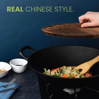 Homeries Pre-Seasoned Cast Iron Wok With 2 Handled And Wooden Lid - Image 2