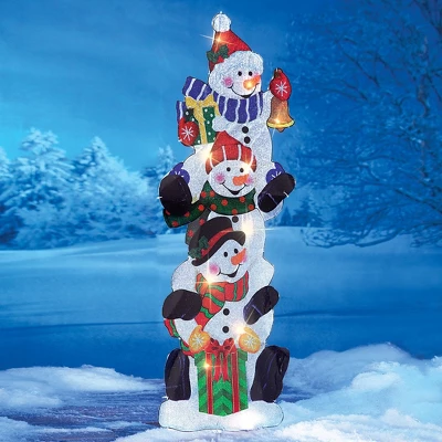 Collections Etc Lighted Stack Of Snowmen Outdoor Garden Stake 12.25 X 0.5 X 42