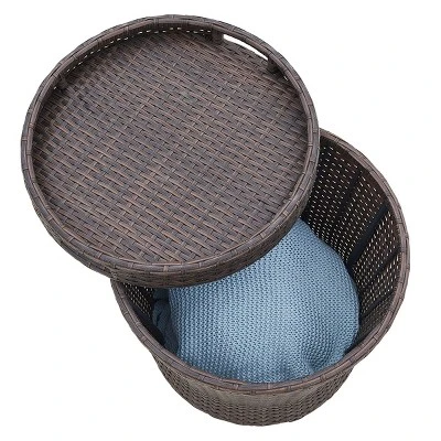 Barton 5-Pieces Patio Sofa Ottoman Wicker Set With Side Storage Table, Brown/Beige - Image 3