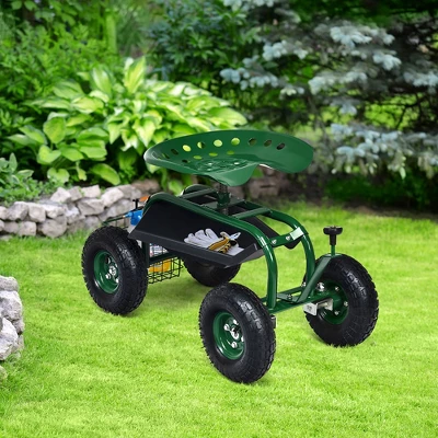 Costway Garden Cart Rolling Work Seat W/ Tool Tray Basket Green - Image 4