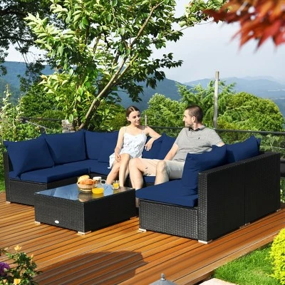 Costway 7PCS Patio Rattan Sofa Set Sectional Conversation Furniture Set Garden Beige NavyRedNavy Blue - Image 11