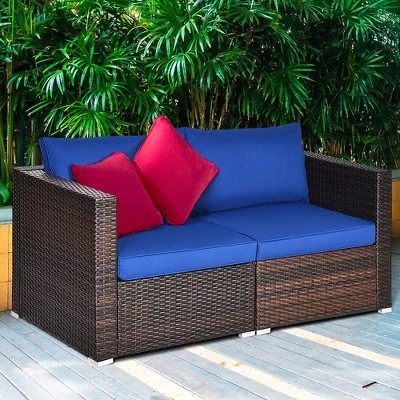 Costway 4PCS Patio Rattan Corner Sofa Sectional Furniture SetBlueBeigeNavy Cushion - Image 5
