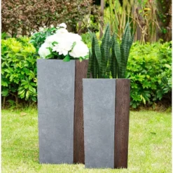 Set Of 2 Kante Lightweight Tall Outdoor Square Concrete Planter Timber Ridge Gray - Rosemead Home & Garden, Inc.