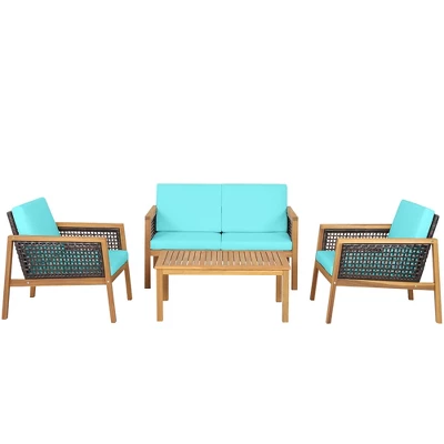 Tangkula 4PCS Patio Acacia Wood Furniture Set PE Rattan Conversation Set W/ Turquoise Cushions - Image 8