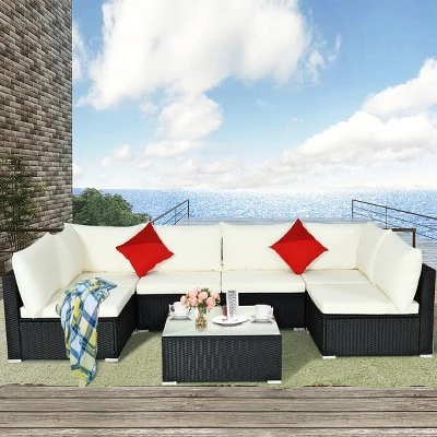 Costway 7PCS Patio Rattan Sofa Set Sectional Conversation Furniture Set Garden Beige NavyRedNavy Blue - Image 4