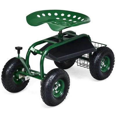 Costway Garden Cart Rolling Work Seat W/ Tool Tray Basket Green - Image 2