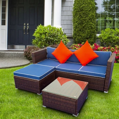 3pc Wicker Patio Sectional Seating Set With Cushions - Brown/Blue - GODEER - Image 2