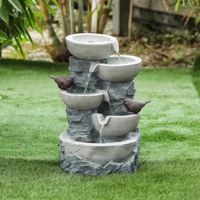 LuxenHome Gray Resin Bowls And Birds Outdoor Fountain