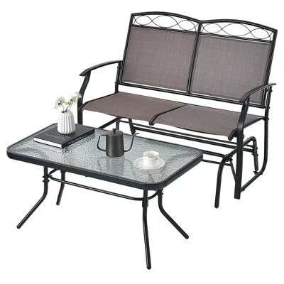 Costway 2pcs Patio Loveseat Glider Glass Coffee Table Set Heavy-Duty Swing Rocking Chair - Image 9