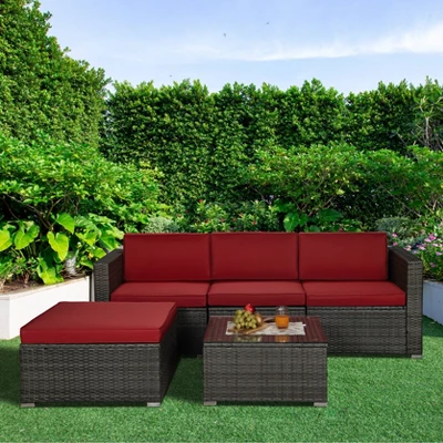 5pc Rattan Wicker Outdoor Conversation Set - Gray/Red - GODEER