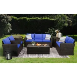 6pc Wicker Outdoor Conversation Set Royal Blue/Dark Brown - EDYO LIVING