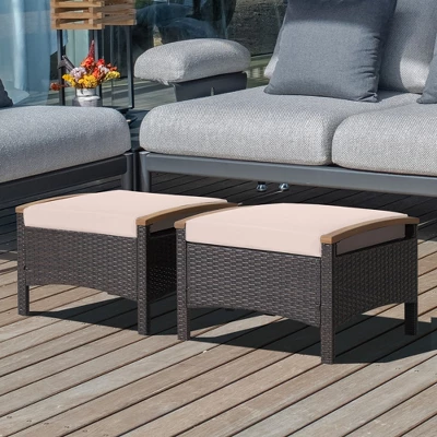 Costway Set Of 2 Patio Rattan Ottoman Footrest Cushions Wooden Handle Off WhiteBrownRedNavy - Image 9